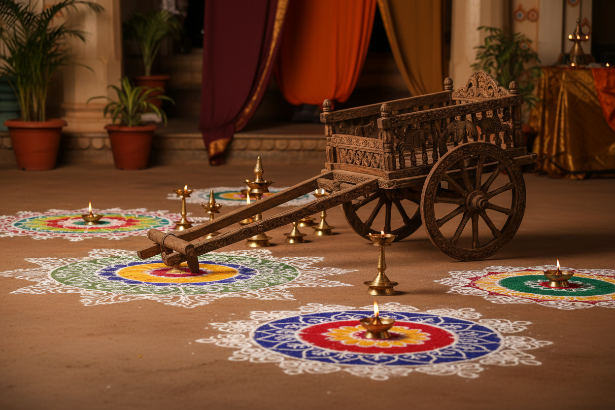 Show muggulu and deepalu along with wooden bullock cart product